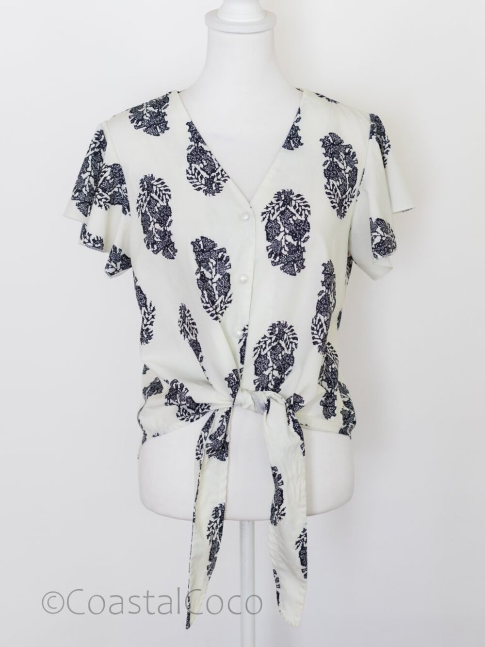 Roshop Tie Front Blouse Top M Flutter Sleeve Pearl Buttons Casual Summer Coastal